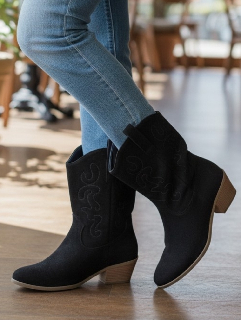 Women's Black Suede Western Ankle Boots